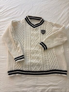 Cream Cable Knit Polo Sweater with Black Trim